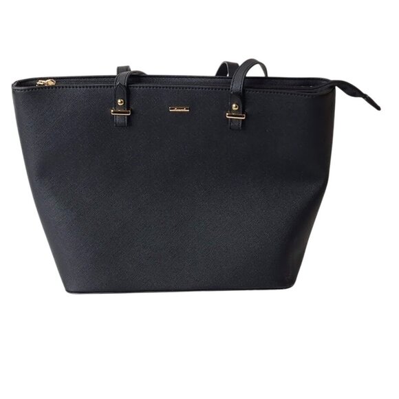 Lovevook Handbags - Lovevook Black Tote Bag Zipper Purse Faux Leather 12"X10" Gold Tone Hardware